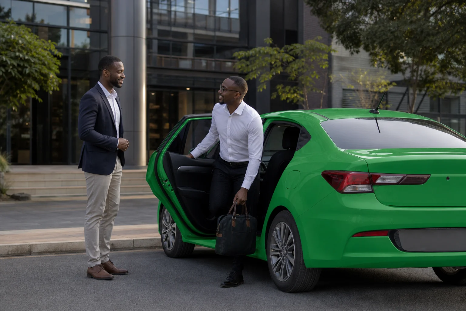 A passenger meeting a Kose driver beside a green Kose car