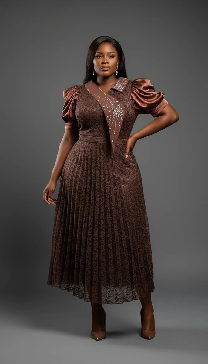 Pleated Lace Dress with Beaded Collar