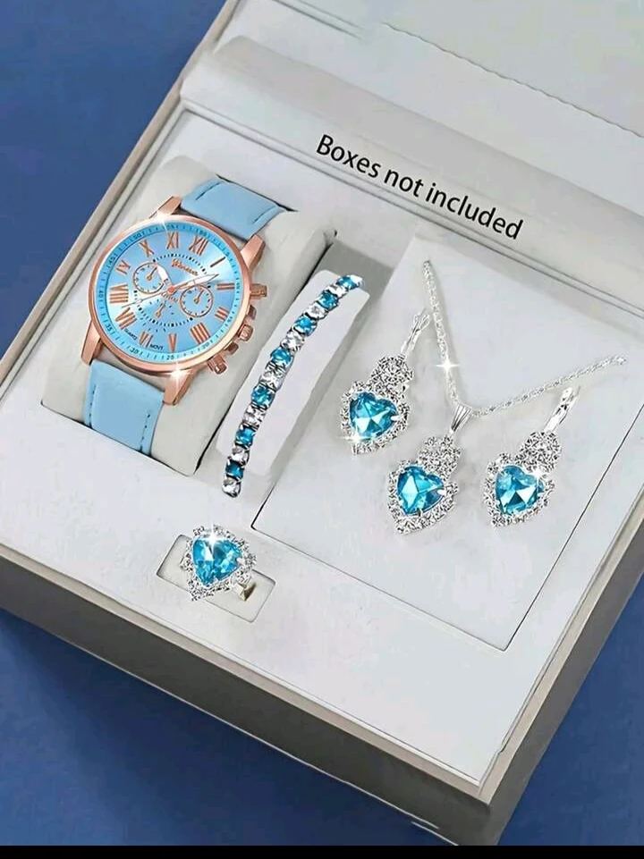 Boxed silver blue ladies watch set