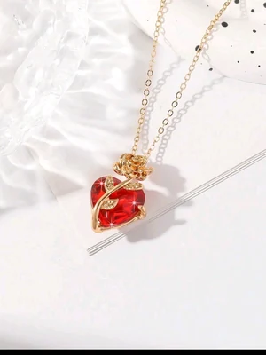 Red heart necklace with rose
