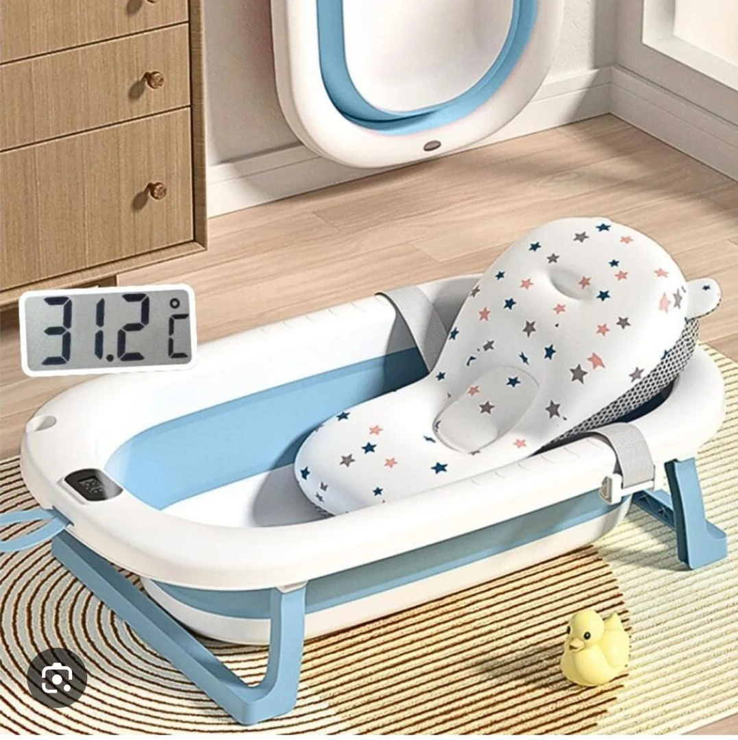 Foldable bath tub with cushion and thermometer