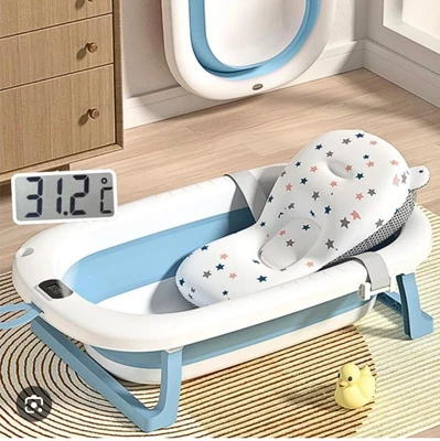 Foldable bath tub with cushion and thermometer