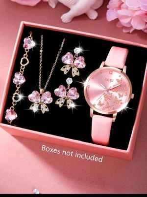 Boxed Pink cute butterfly watch set